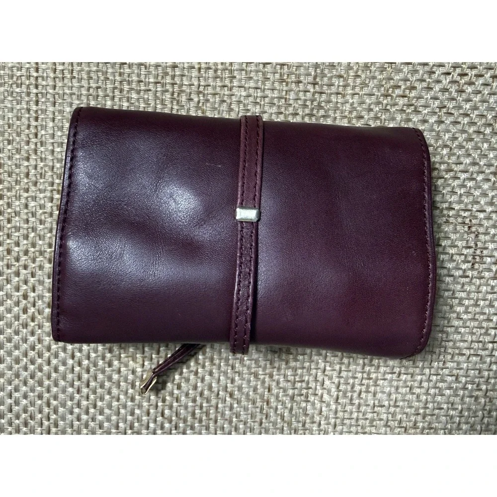 Mark Cross Leather Tri Fold Travel Pouch Burgundy Tie Lux Jewelry Roll Organizer